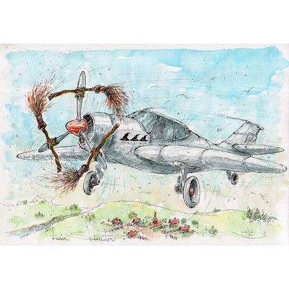 Liviu Stanila Witch Plane Kişiye Özel Sertifikalı Sınırlı Fine Art Karikatür Baskı CAD00055